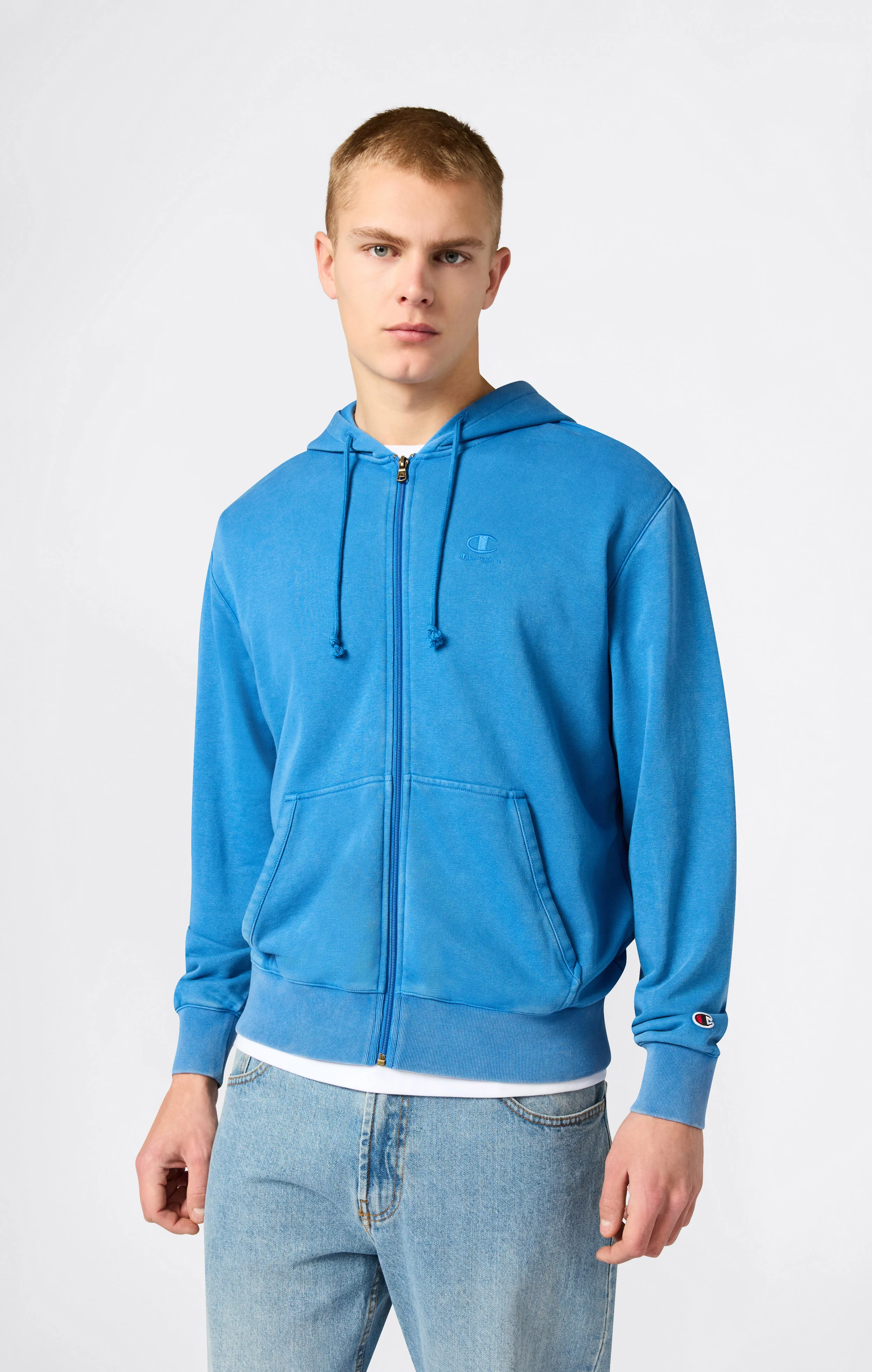 Men’s Full Zip Hooded Sweatshirt with Embroidered Logo and Washed Effect Icons