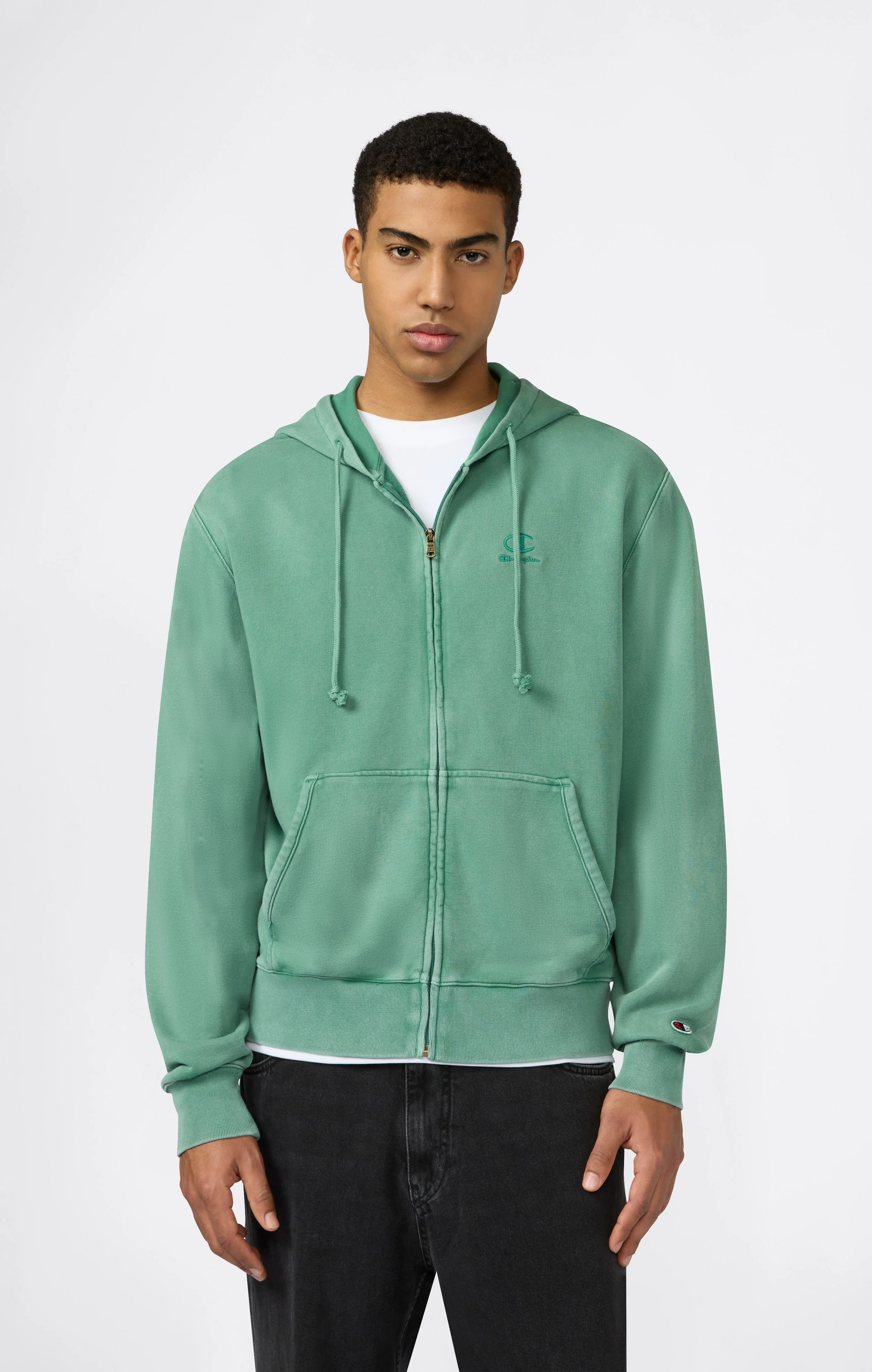 Men’s Full Zip Hooded Sweatshirt with Embroidered Logo and Washed Effect Icons