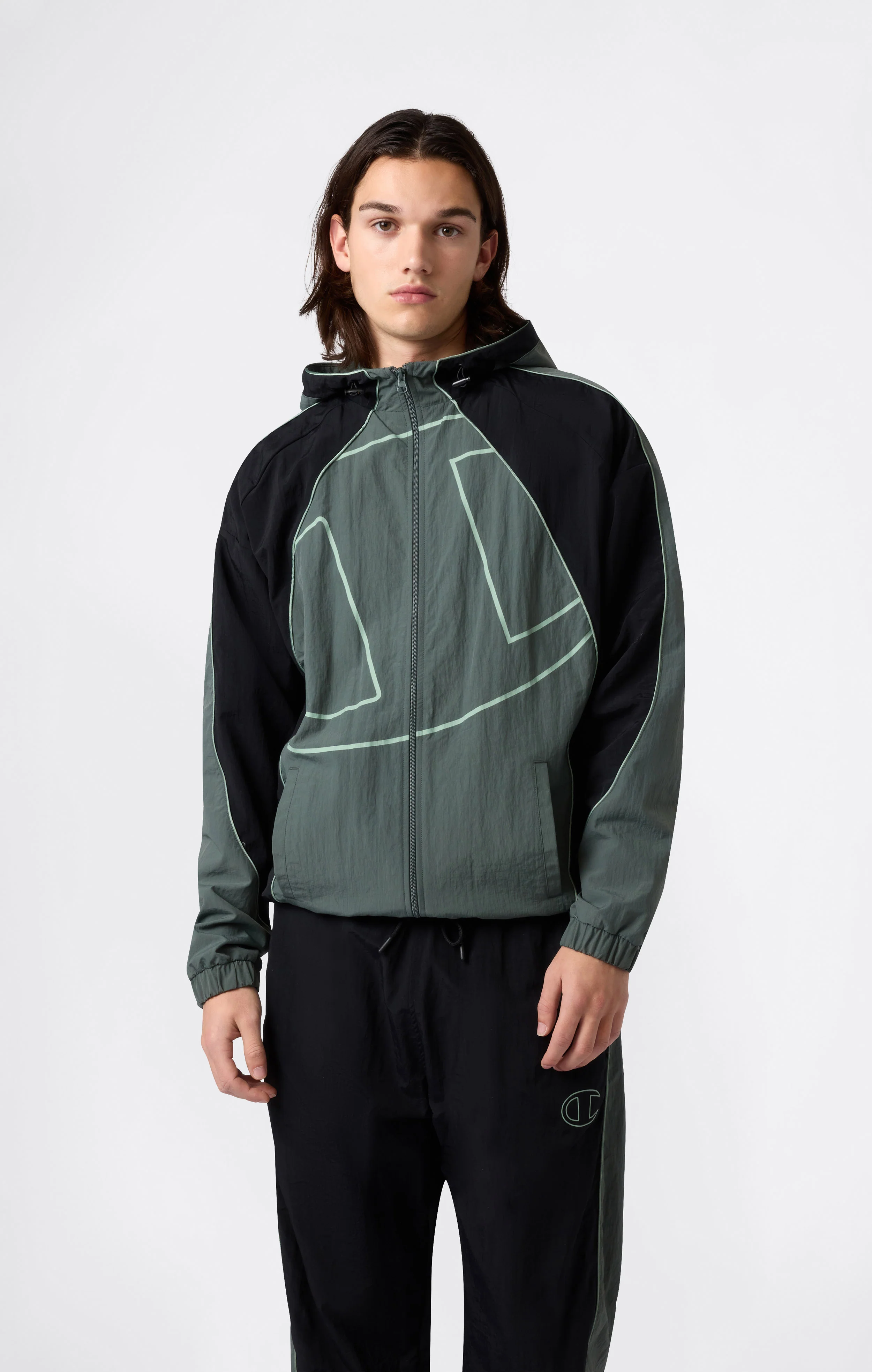 Men’s Woven Nylon Full-Zip Hooded Track Top Loose Fit