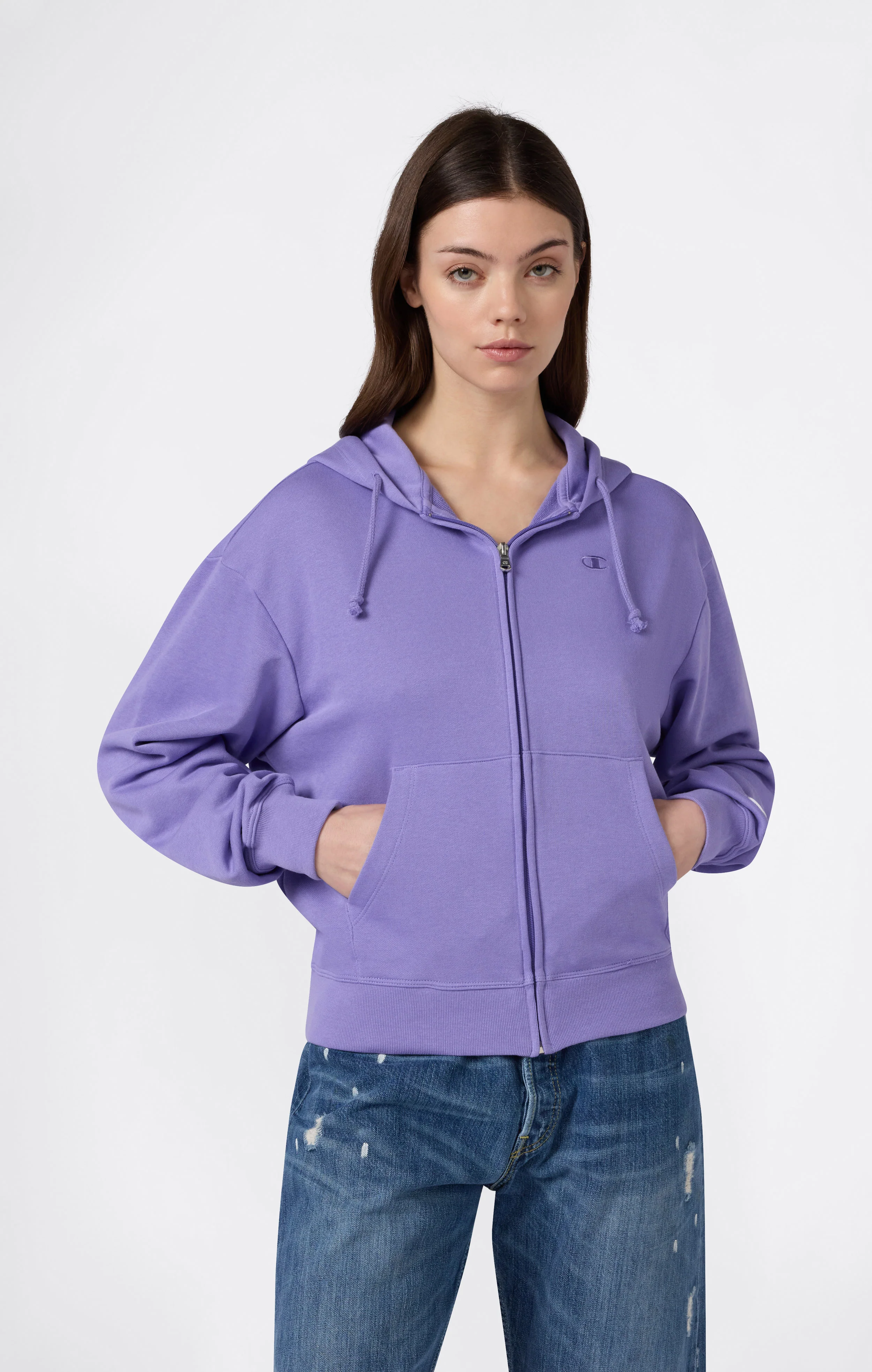 Women’s Lightweight Full Zip Hooded Sweatshirt with Tonal Embroidered “C” Logo Icons